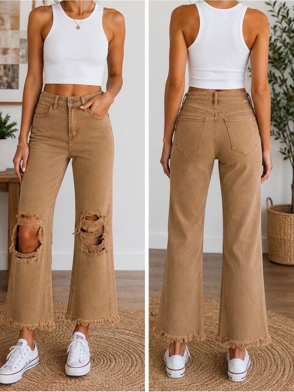 RISEN High-Rise Distressed Wide-Leg Jeans